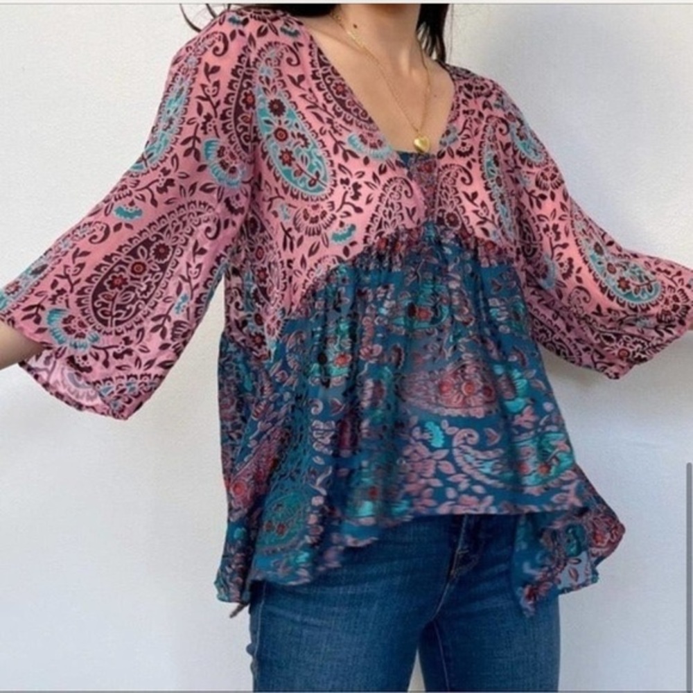 Anthropologie Floreat Valo Burnout Silk Blend Blouse Size M